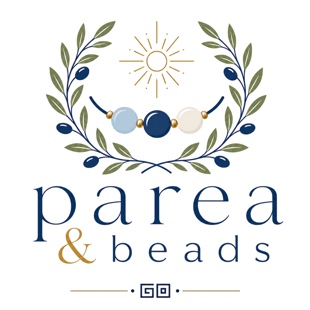 Parea & Beads logo featuring olive branches, a stylized beaded bracelet, and a Greek-inspired decorative motif.